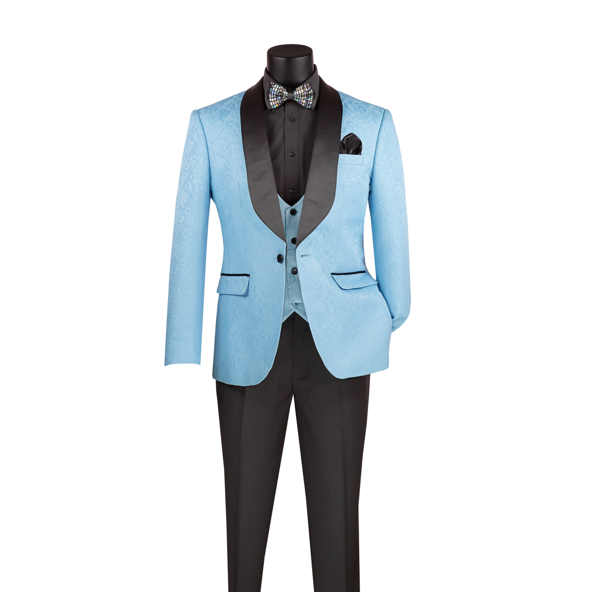 Light blue jacquard tuxedo jacket with black shawl lapels, a light blue vest and black trousers, front view.