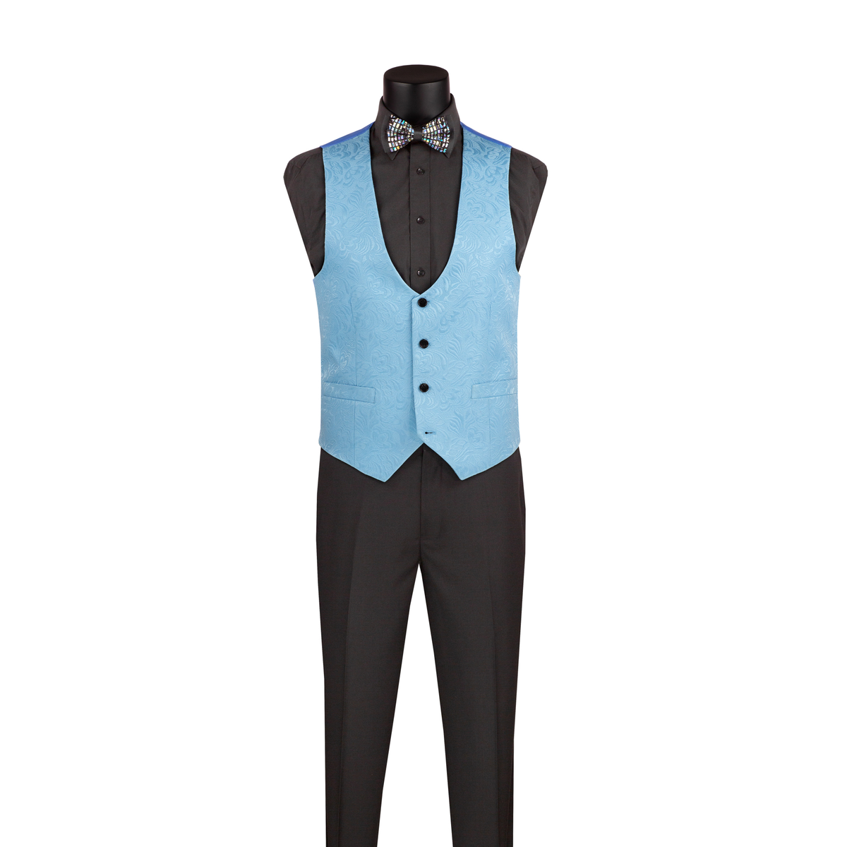Light blue jacquard vest with a rounded neckline and black buttons, shown with black trousers.