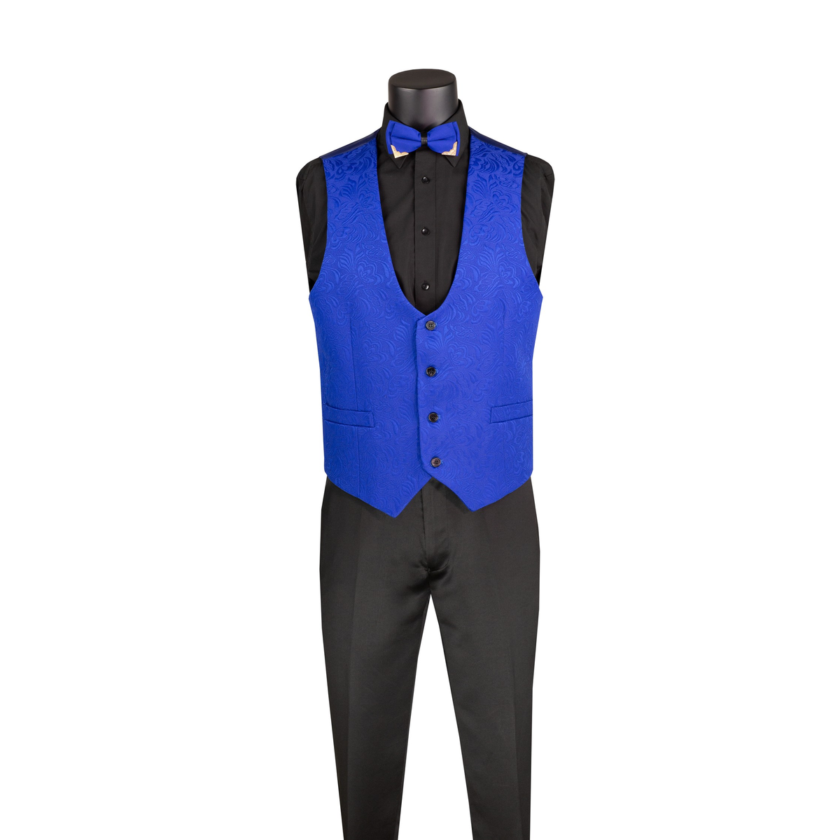 Royal blue jacquard vest with a rounded neckline and black buttons, shown with black trousers.