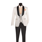 White jacquard tuxedo jacket with black shawl lapels, a white vest and black trousers, front view.