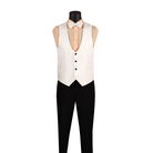 White jacquard vest with a rounded neckline and black buttons, shown with black trousers.