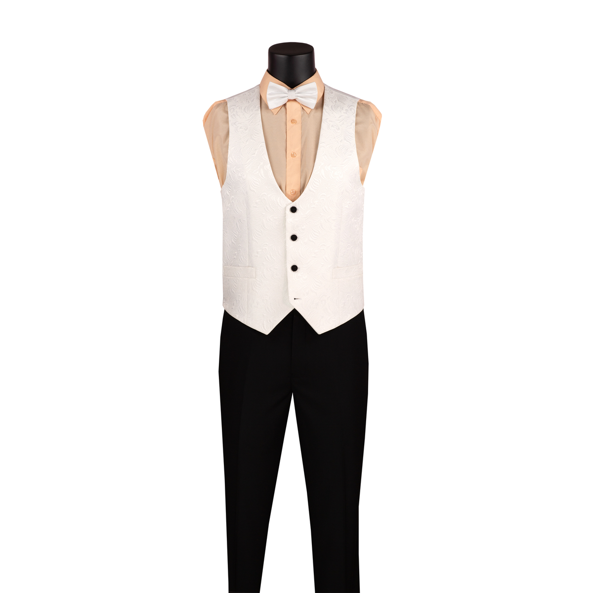 White jacquard vest with a rounded neckline and black buttons, shown with black trousers.