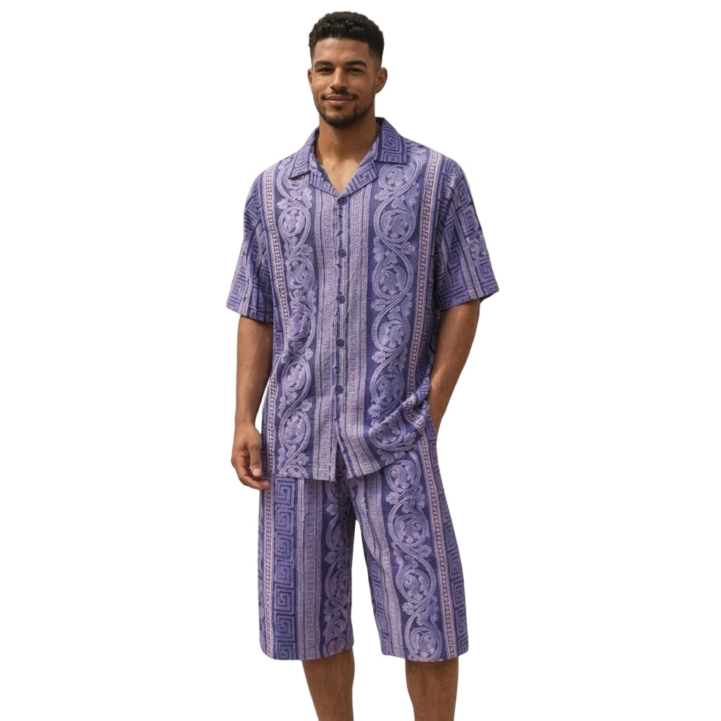 purple mesh print short pants walking suit set