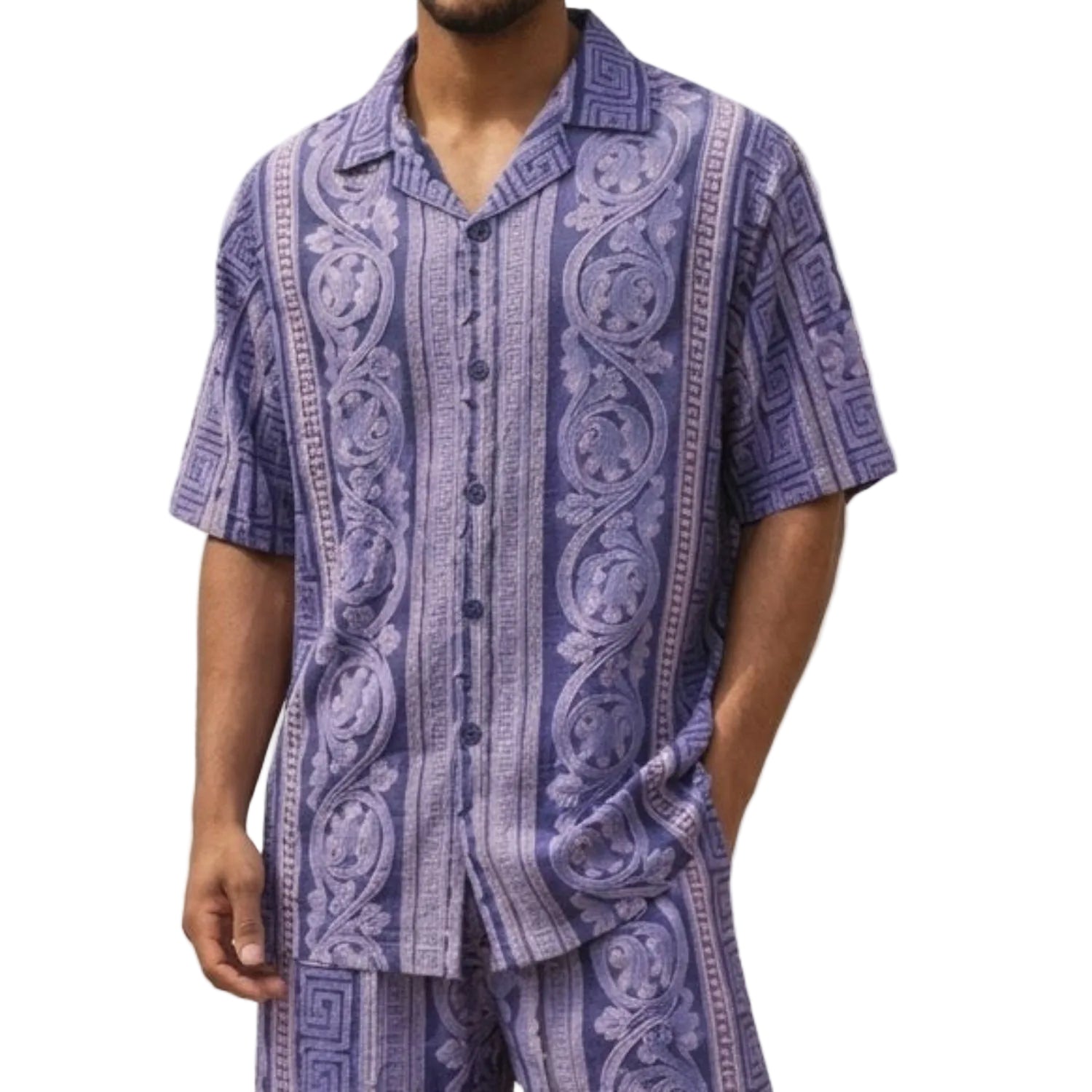 stacy adams purple mesh print shirt and shorts set