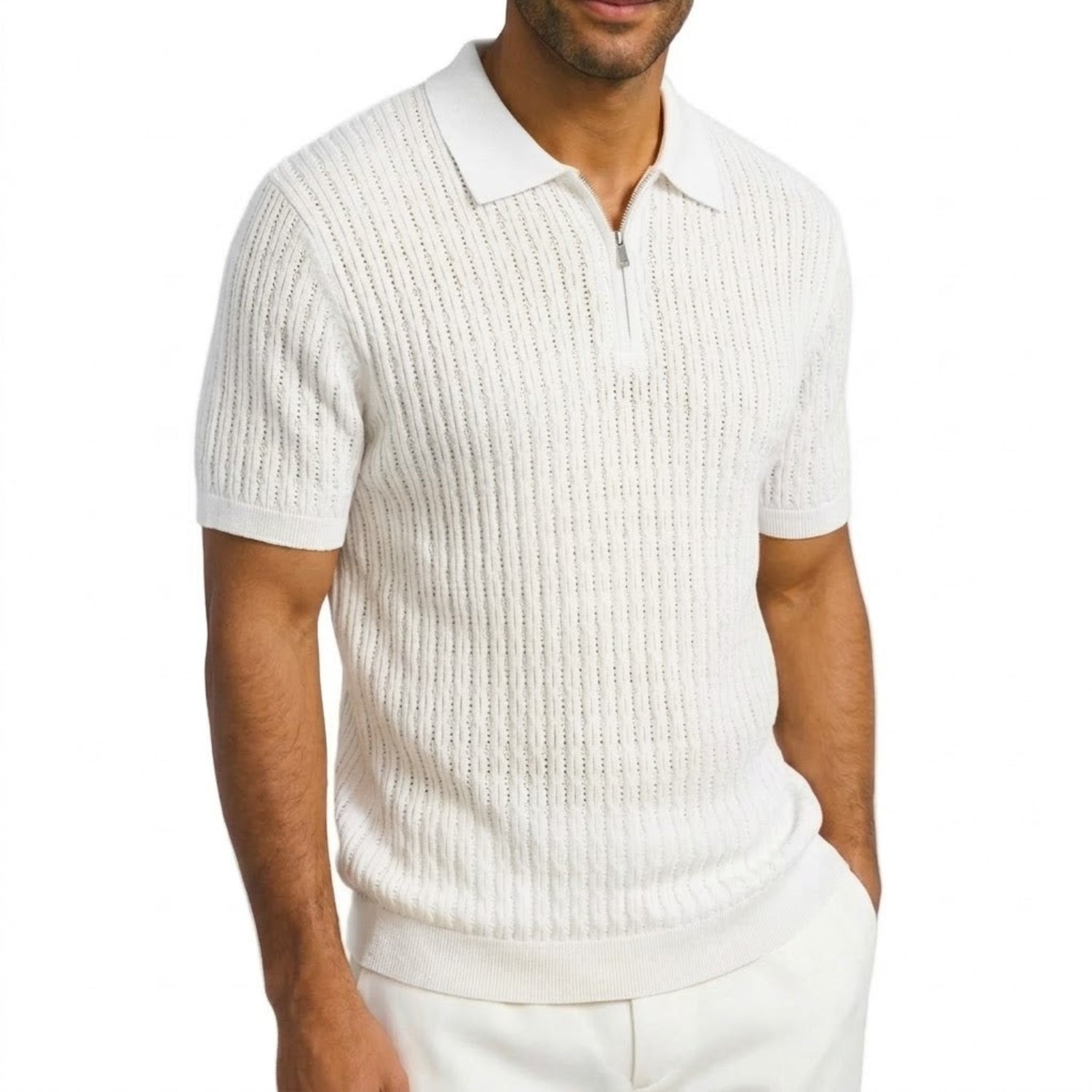 White textured knit zip polo shirt by stacy adams
