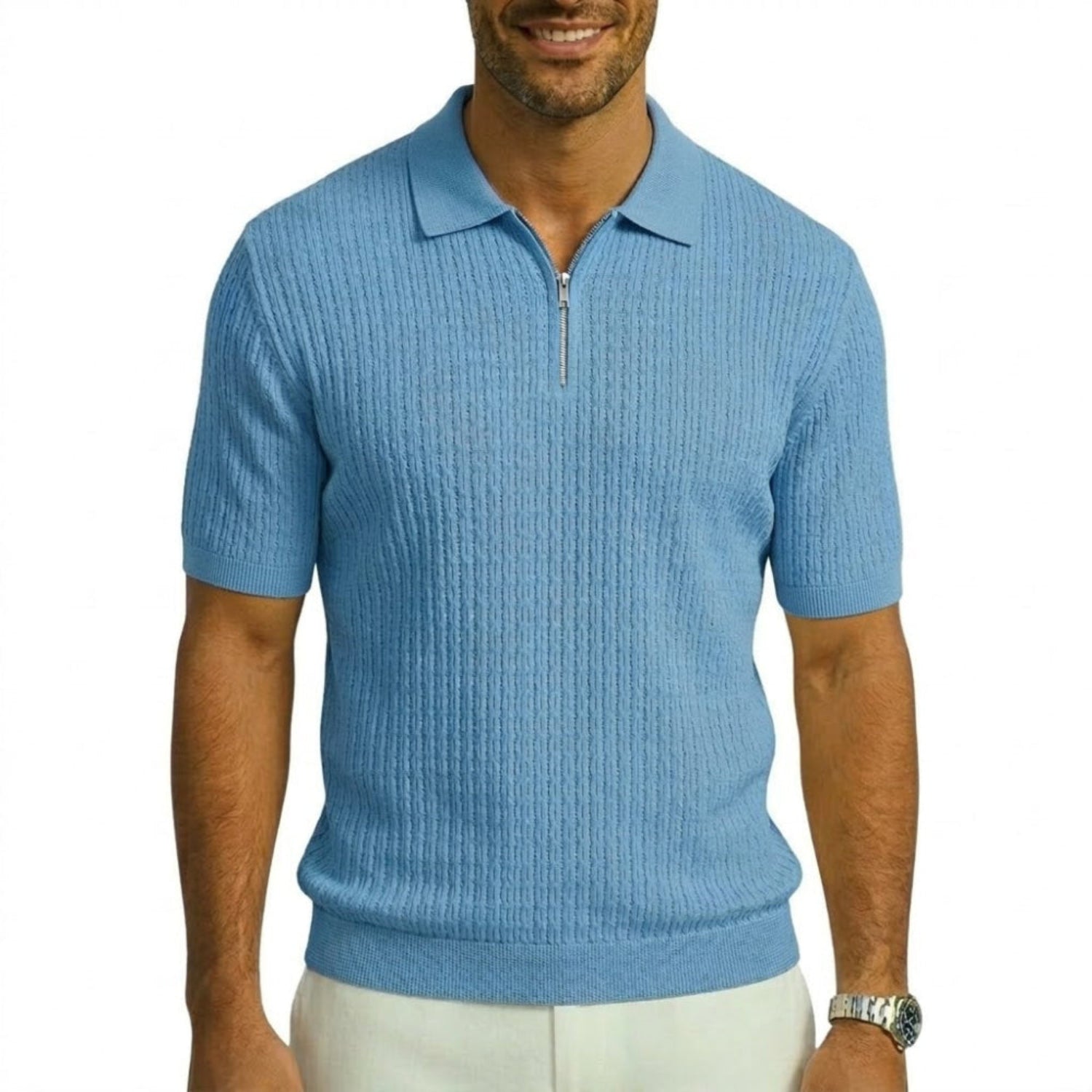 Blue textured knit zip polo shirt by stacy adams