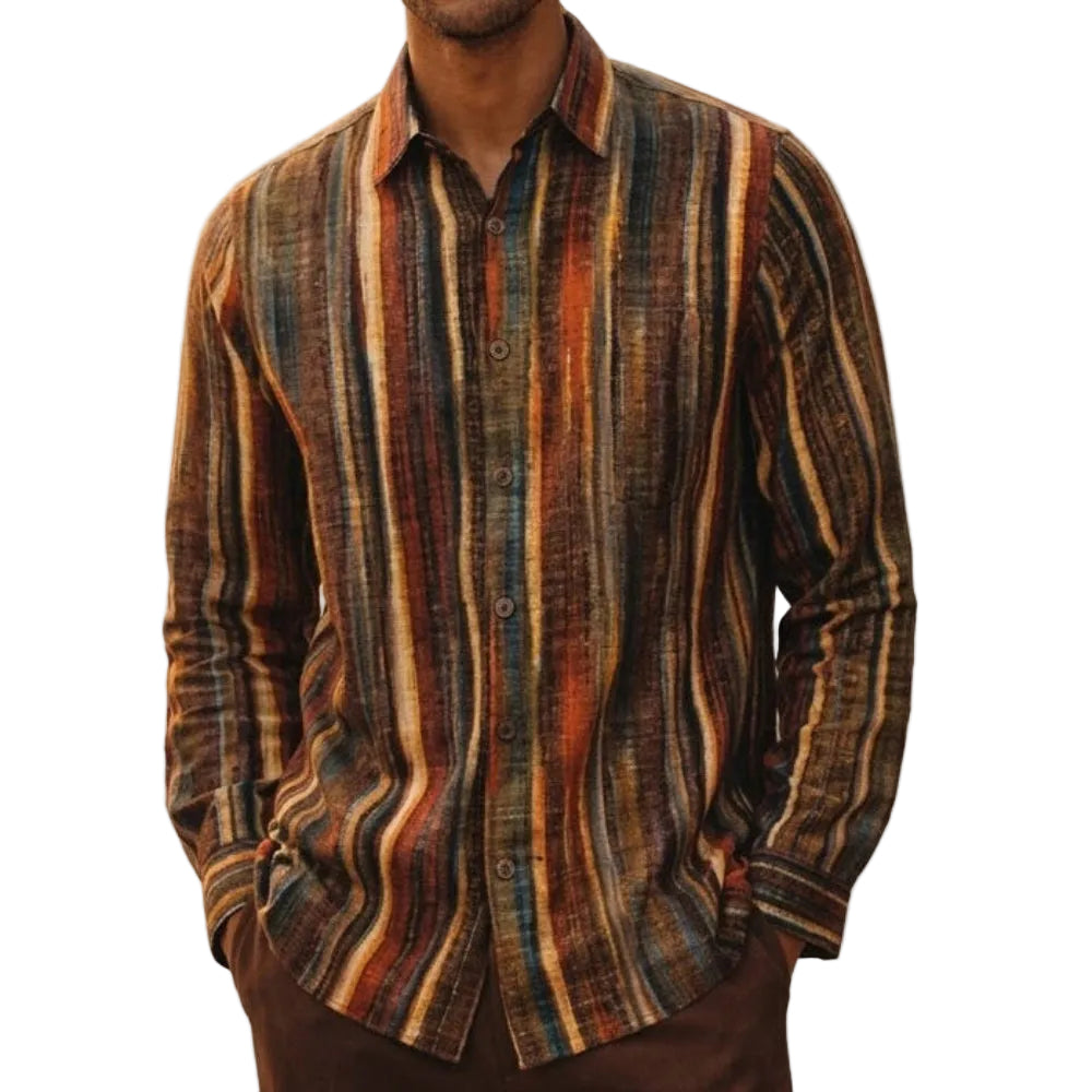 brown linen print long sleeve shirt front view
