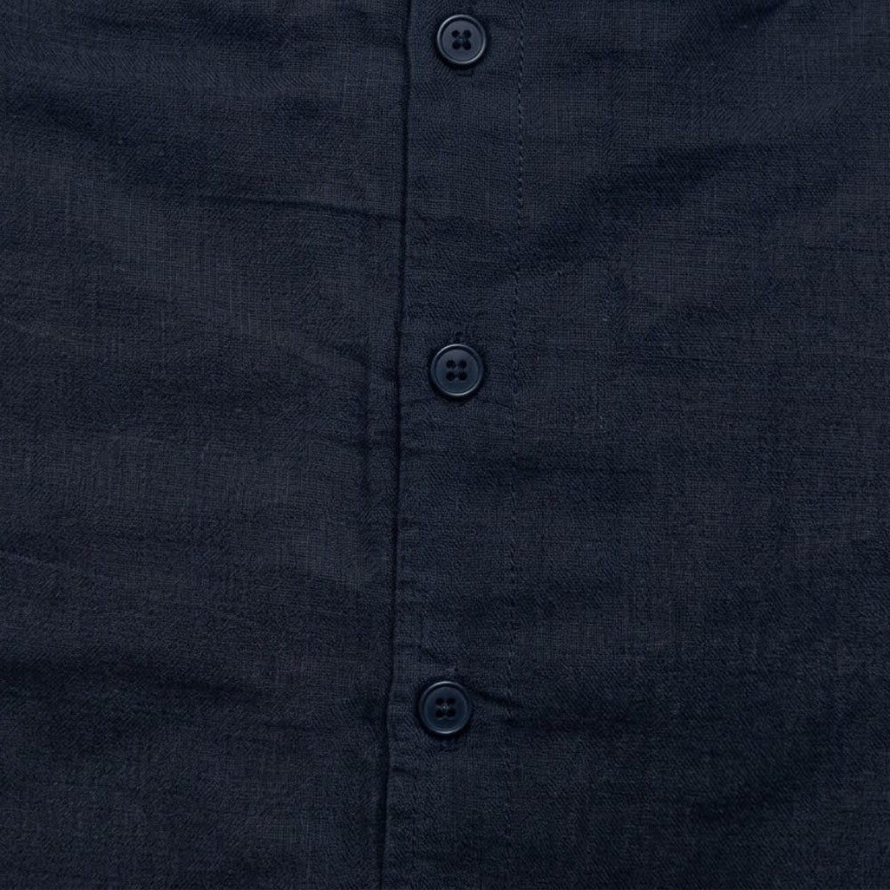 navy linen short sleeve walking suit set fabric details