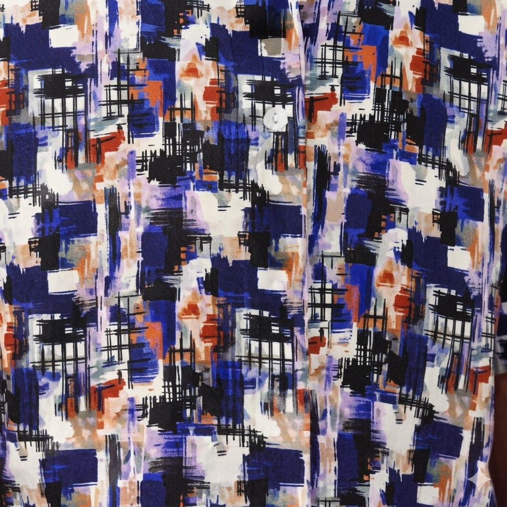 purple linen print short sleeve shirt fabric detail