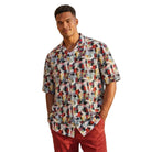 red linen print short sleeve shirt front view