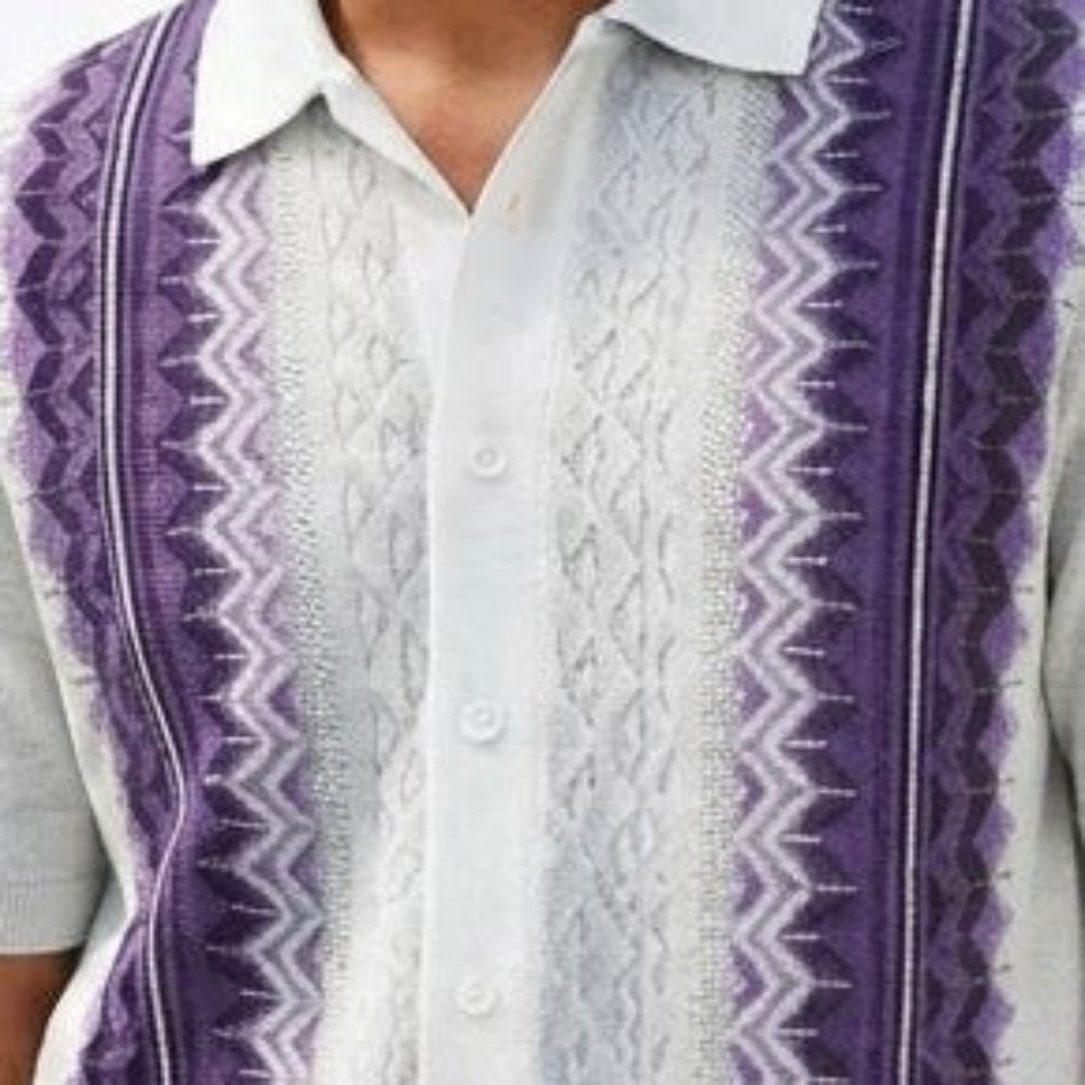 Close-up of purple walking suit shirt showing the intricate vertical knit texture and button details.
