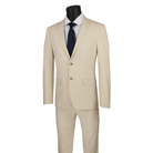 Beige ultra-slim-fit suit with a two-button notch-lapel jacket and matching trousers, front view.