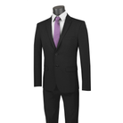 Black ultra-slim-fit suit with a two-button notch-lapel jacket and matching trousers, front view.
