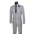 Gray ultra-slim-fit suit with a two-button notch-lapel jacket and matching trousers, front view.