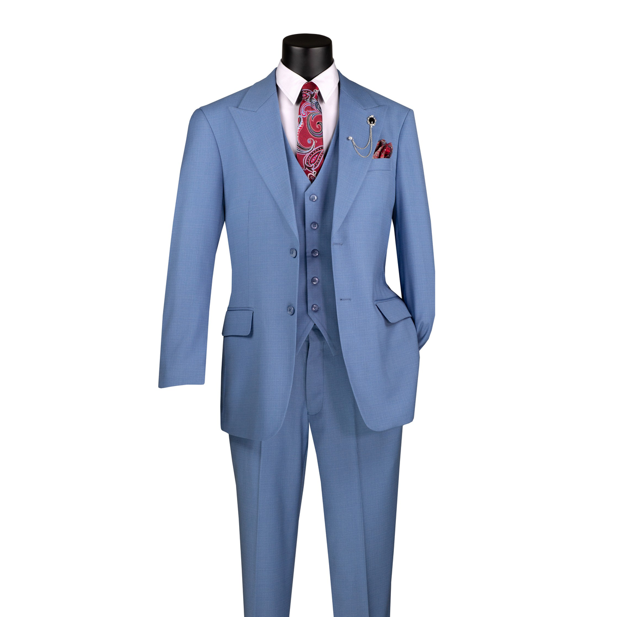 Dusty blue textured three-piece suit with peak lapels, a matching vest and trousers, front view.