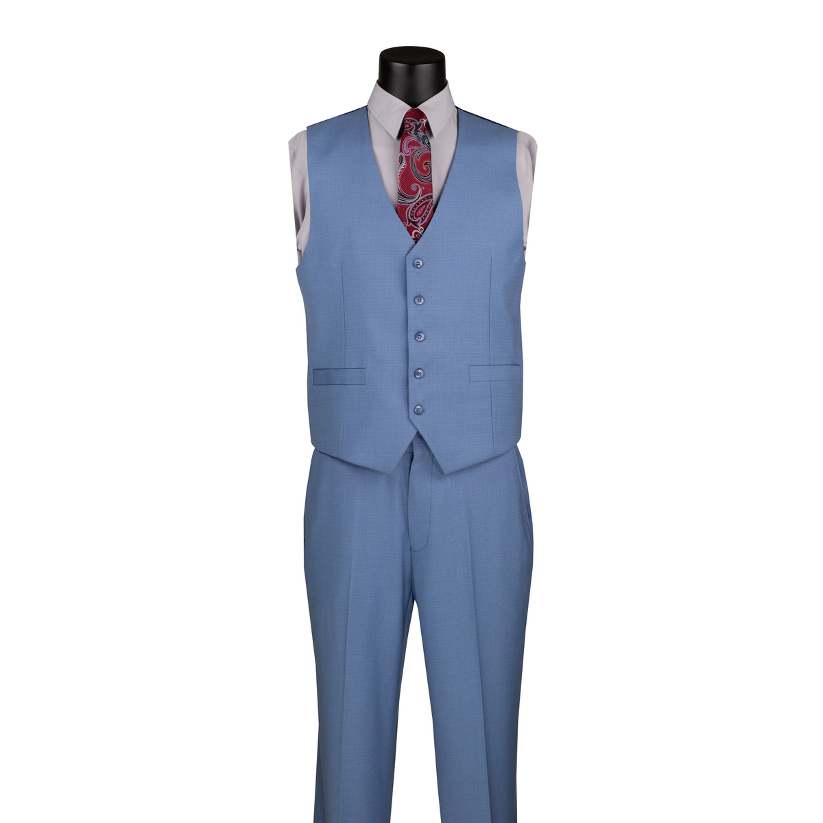 Dusty blue textured button-front vest with a V-neck and matching trousers, front view.