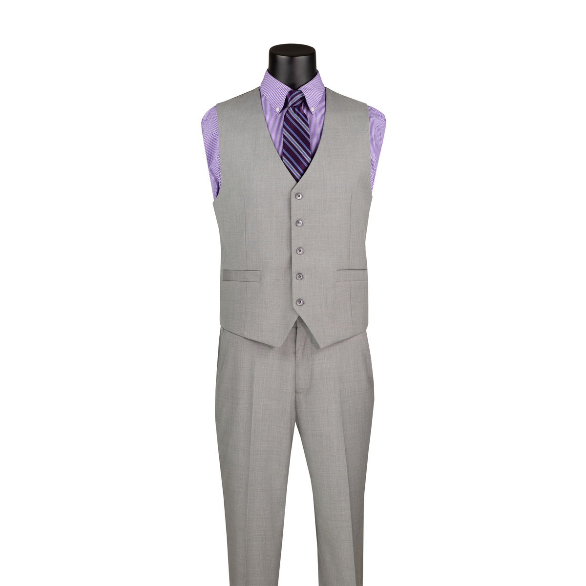 Light gray textured button-front vest with a V-neck and matching trousers, front view.