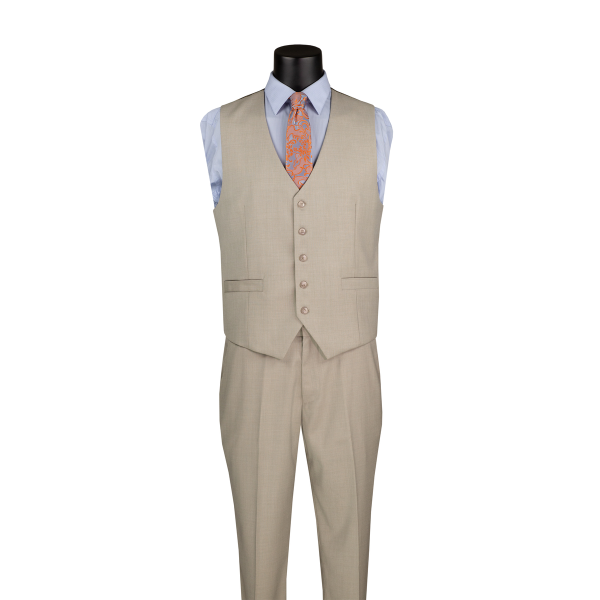 Oatmeal textured button-front vest with a V-neck and matching trousers, front view.