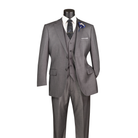 Medium grey tone-on-tone pinstripe three-piece suit with notch lapels, matching vest and trousers, front view.