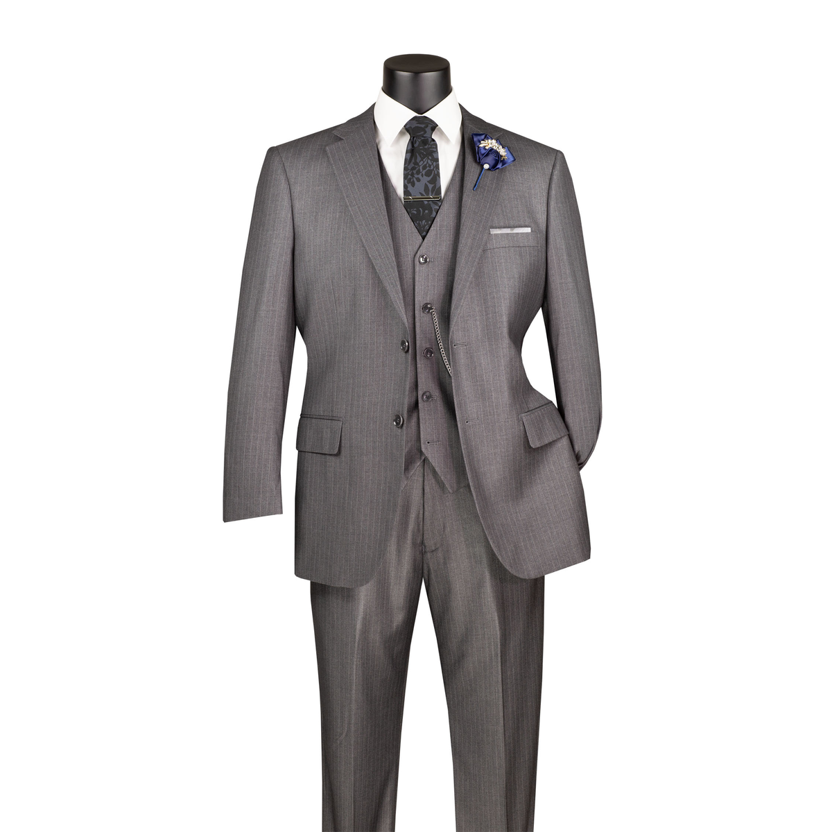 Medium grey tone-on-tone pinstripe three-piece suit with notch lapels, matching vest and trousers, front view.