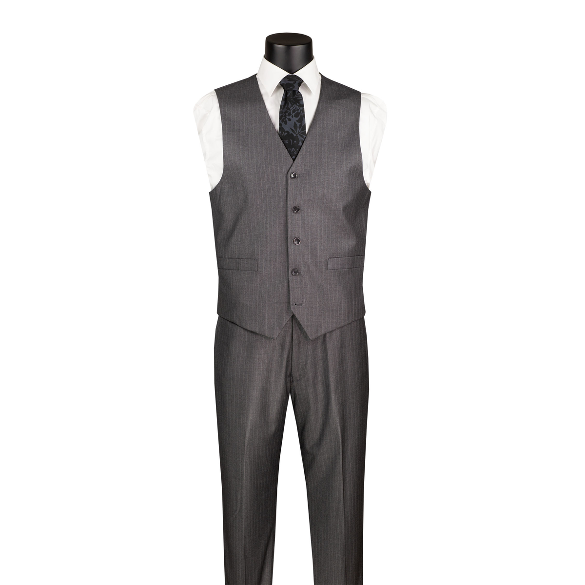 Medium grey tone-on-tone pinstripe button-front vest with matching trousers, shown without the suit jacket.