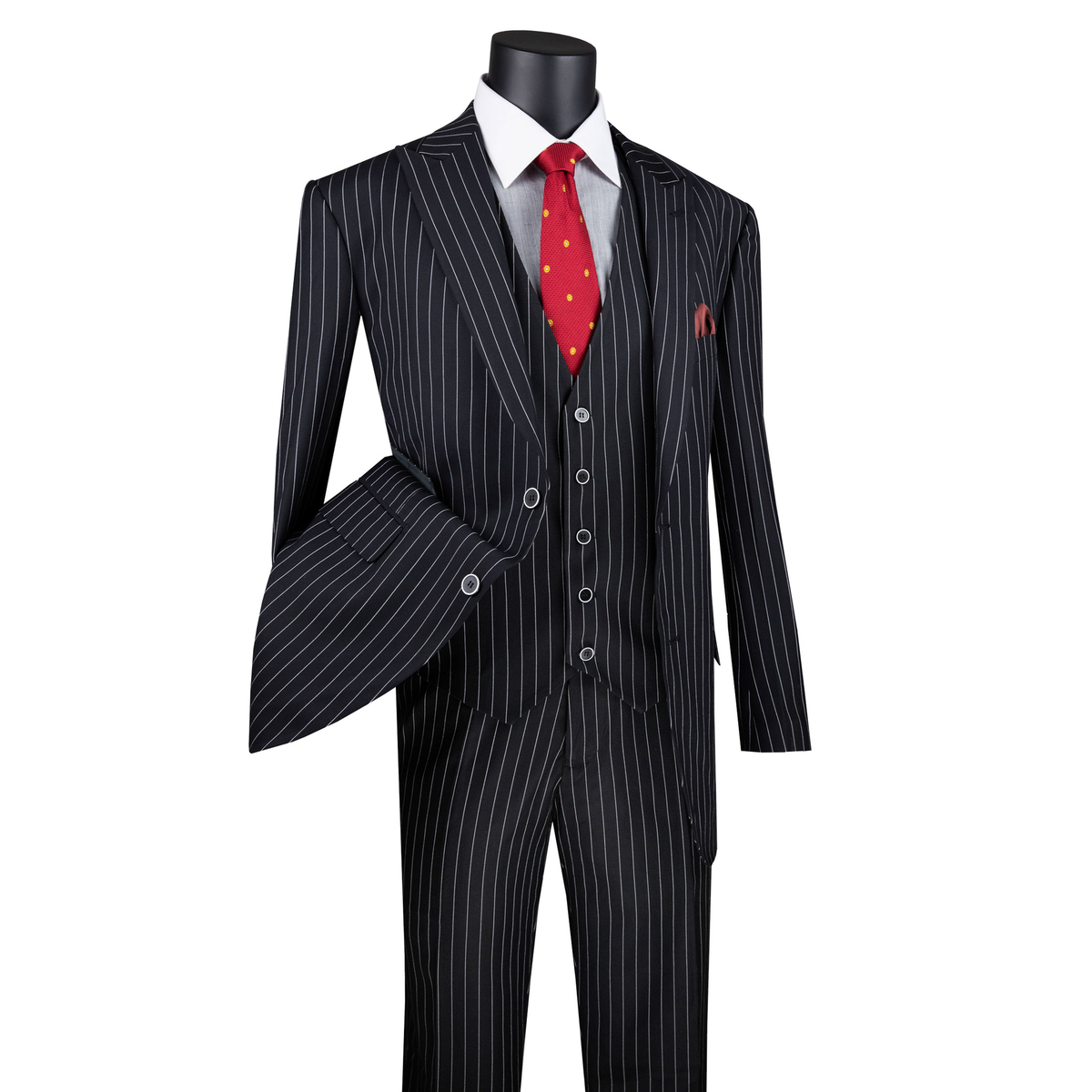 Black pinstripe three-piece suit with peak lapels, a matching vest and trousers, front view.