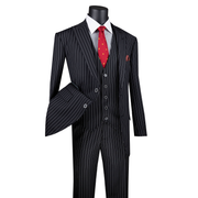 Men’s 3-Piece Pinstripe Regular Fit Suit with Peak Lapel - Black