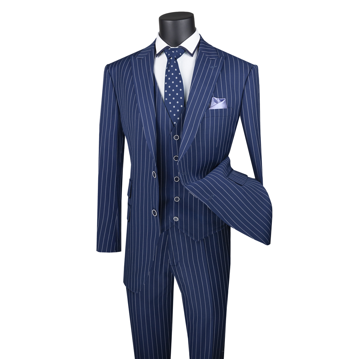Blue pinstripe three-piece suit with peak lapels, a matching vest and trousers, front view.