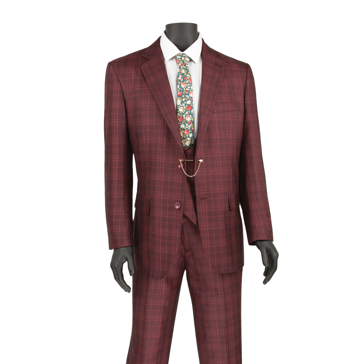 Burgundy Glen plaid three-piece suit with a matching vest and trousers, front view.