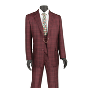 Men’s Classic Fit Glen Plaid 3 Piece Suit with Adjustable Waistband - Burgundy