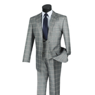 Gray Glen plaid three-piece suit with a matching double-breasted vest and trousers, front view.