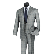 Men’s Classic Fit Glen Plaid 3 Piece Suit with Adjustable Waistband - Gray