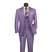 Men’s Classic Fit Glen Plaid 3 Piece Suit with Adjustable Waistband - Light Purple