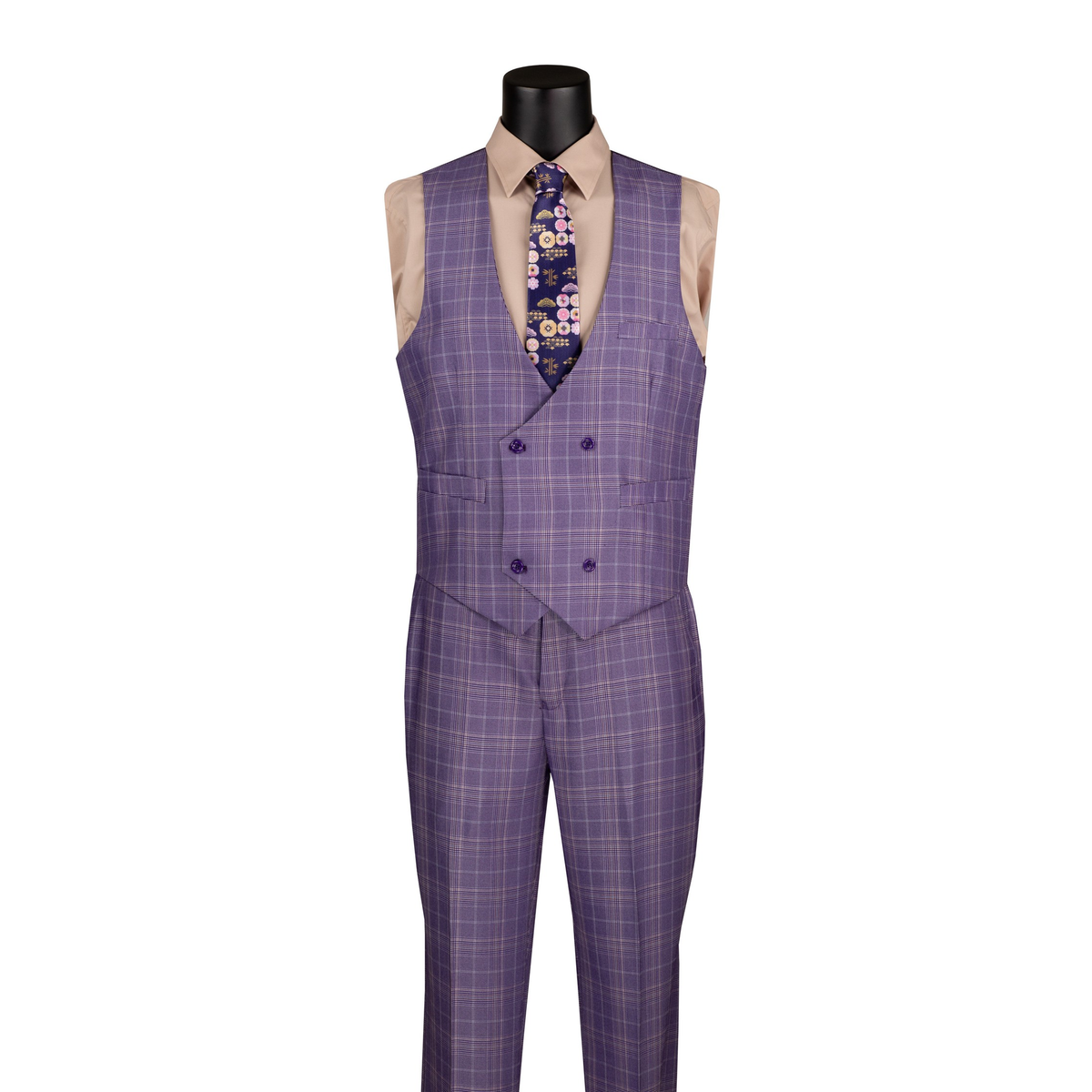 Light purple Glen plaid double-breasted vest with matching trousers, shown without the suit jacket.