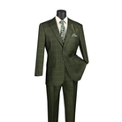 Olive Glen plaid three-piece suit with a matching double-breasted vest and trousers, front view.