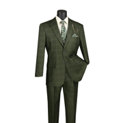 Men’s Classic Fit Glen Plaid 3 Piece Suit with Adjustable Waistband - Olive