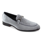 Silver Velvet Moc Toe Bit Slip-On Loafers with Crystal Lattice Design