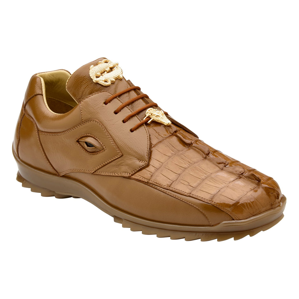 Angled view of Saddle Vasco sneaker with hornback caiman toe and gold-tone accents