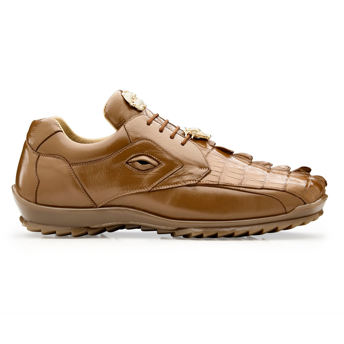 Side profile of Saddle caiman and calf leather sneaker by Belvedere