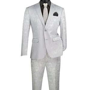 PoshPunto Collection: Silver 2 Piece Tone on Tone Paisley Print Single Breasted Slim Fit Suit