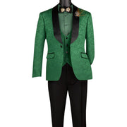 Riverra Collection: Green 3 Piece Jacquard Pattern Single Breasted Slim Fit Tuxedo