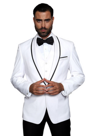 Empire Elegance Collection: White 3PC Flat Front Pants with Bow Tie 100% Wool Tailored Fit