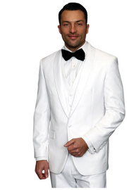 Trendito Collection: White 3PC Shawl Lapel Tuxedo 100% Wool Tailored Fit