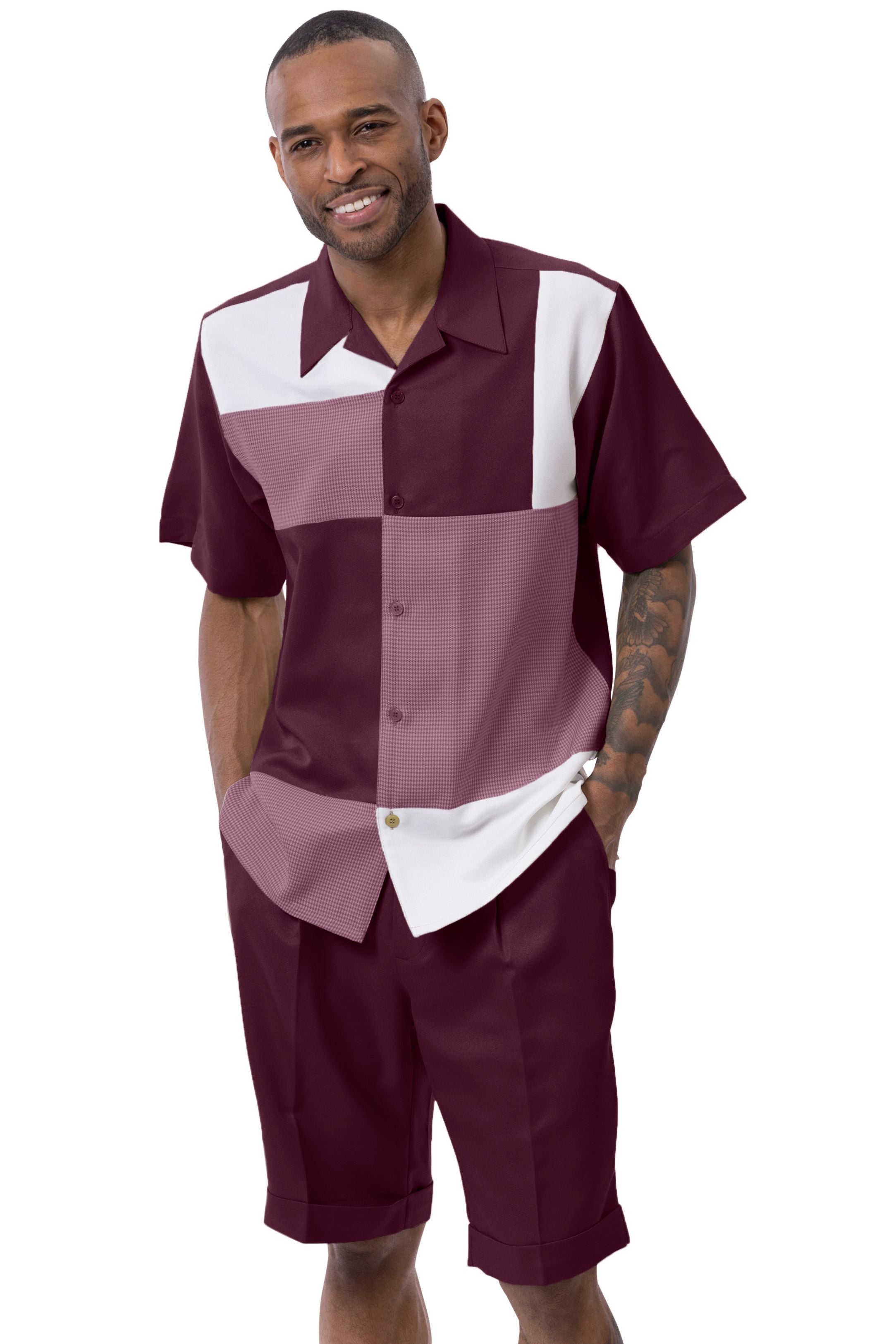 Wine color block houndstooth short sleeve walking suit with coordinated shorts