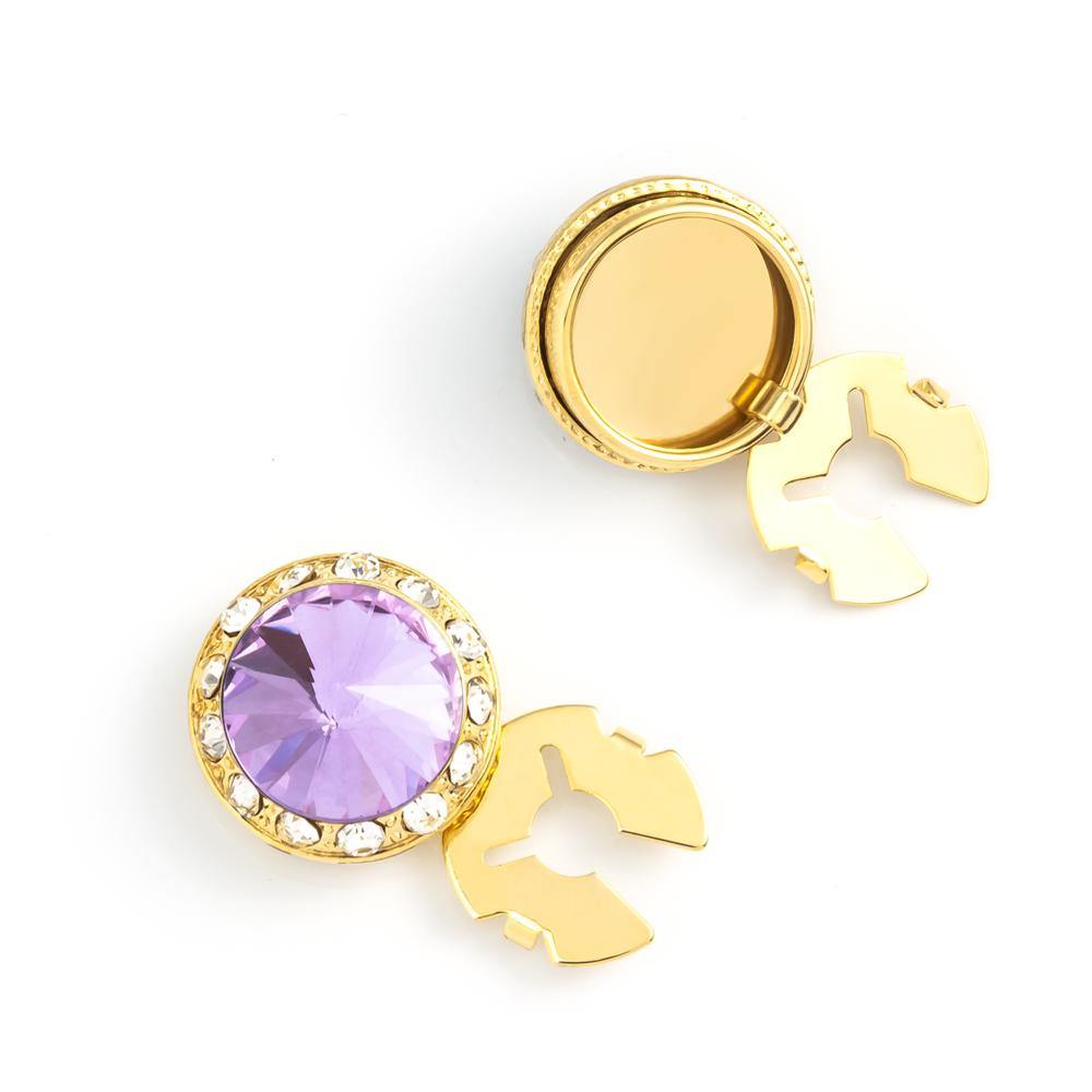 Men's Gold/Tanzanite Button Cover Cuff-Link With Crystal Stud Centered Surrounded By Crystal Studs - Suits & More