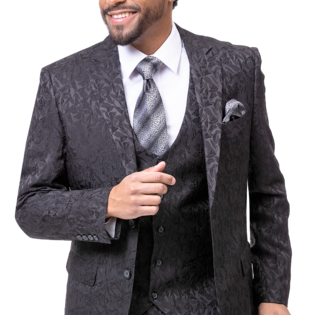 Black Solid Textured Tone On Tone Three Piece Regular Fit Fashion Suit M2763