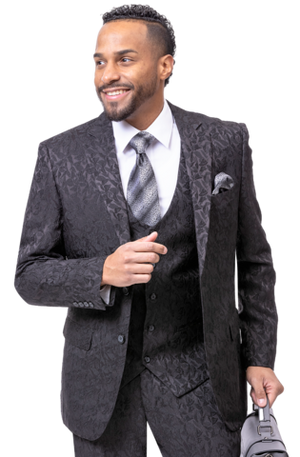Rosette Collection: Black Solid Textured Tone On Tone Three Piece Regular Fit Fashion Suit