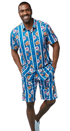 Shirt & Pants Blue 2 Piece Short Set Stripe Floral Pattern 1524 - Suits & More