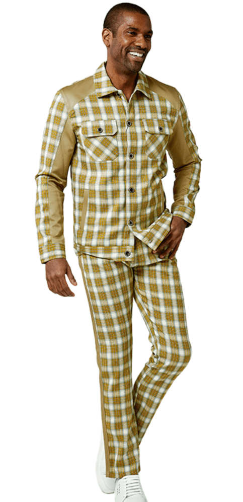 Tan Plaid 2 Piece Long Sleeve Walking Suit 1547 - Suits & More