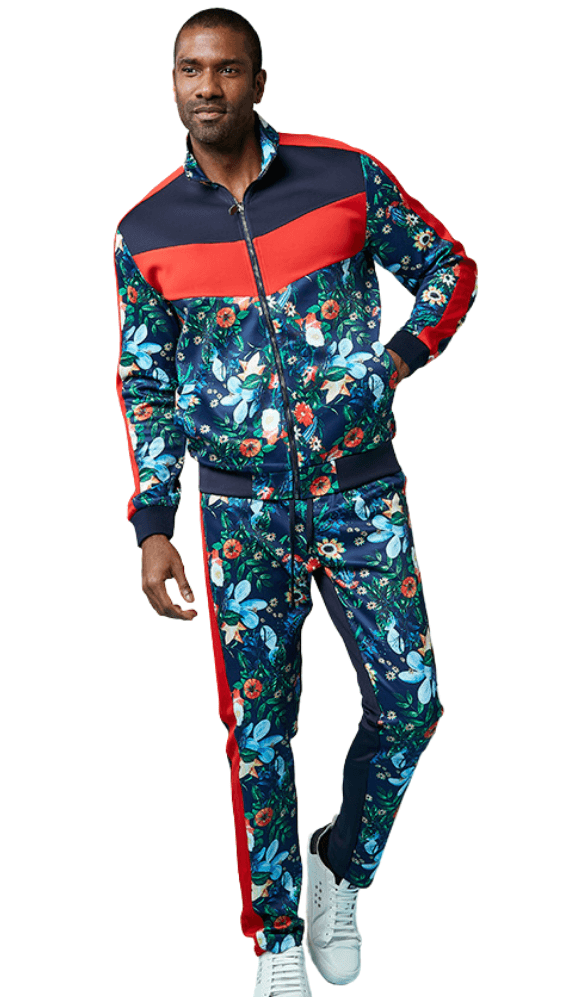 Navy 2 Piece Floral Pattern Full Zip Track Set 1551 - Suits & More